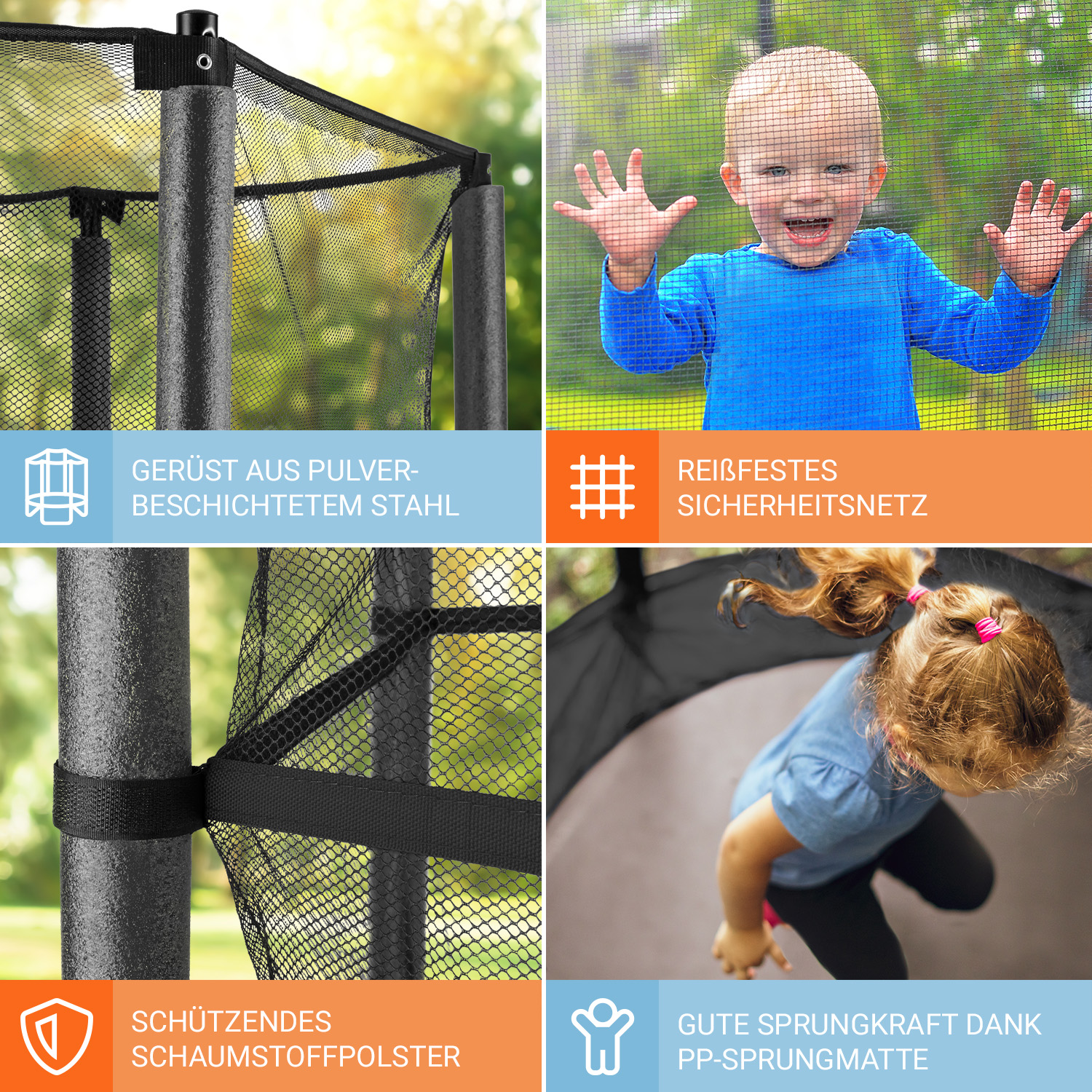 Trampolin mit Sicherheitsnetz, Schaumstoffpolsterung und spielendem Kind.