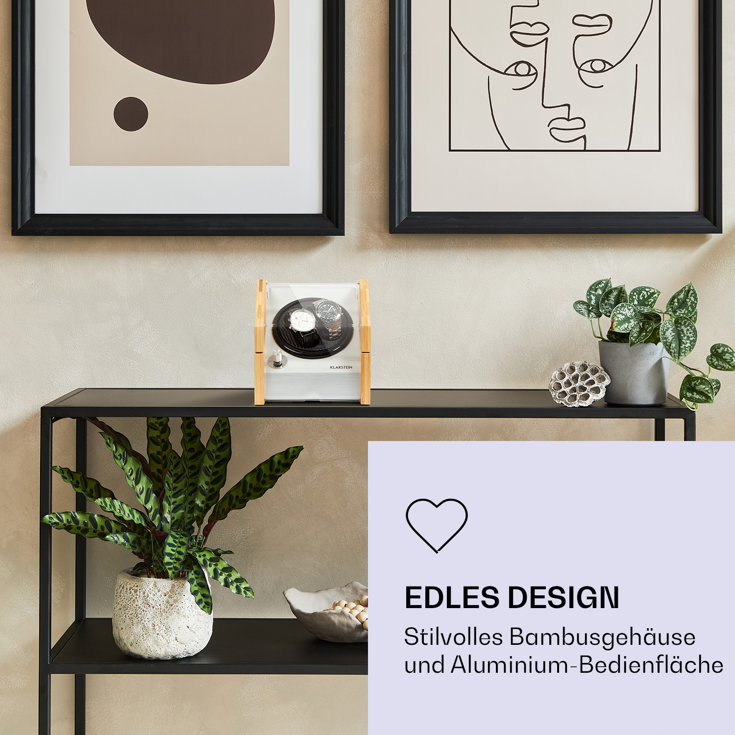 Ein schwarzes Regal mit zwei Bildern und einer Holzbox mit einer Uhr. Eine Pflanze ist im Vordergrund.