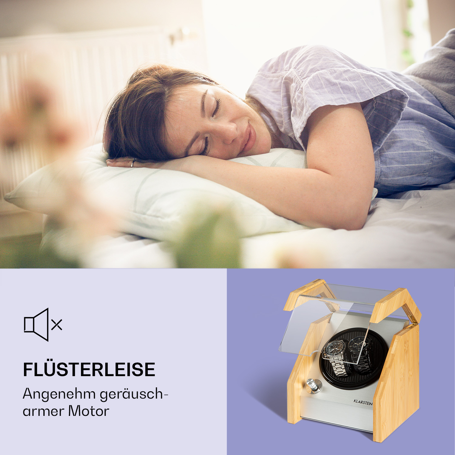 Frau schläft im Bett, und ein Uhrenbeweger mit einer Uhr darin.