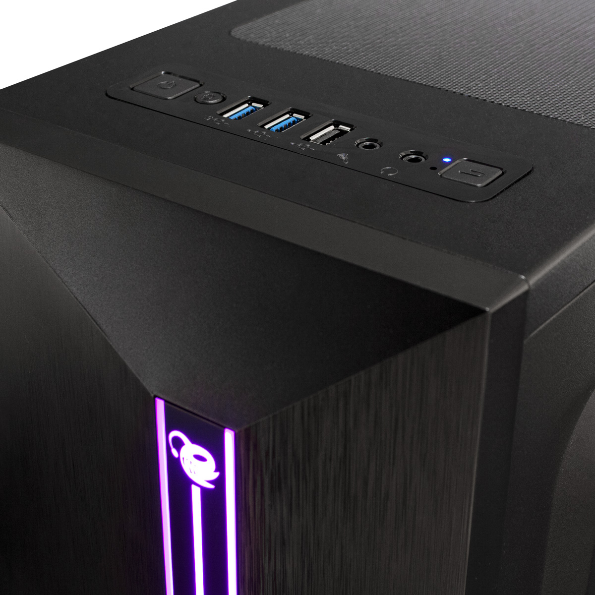 Carcasa de PC negra con botón de encendido y puertos USB, un logotipo púrpura. Una parte superior negra.