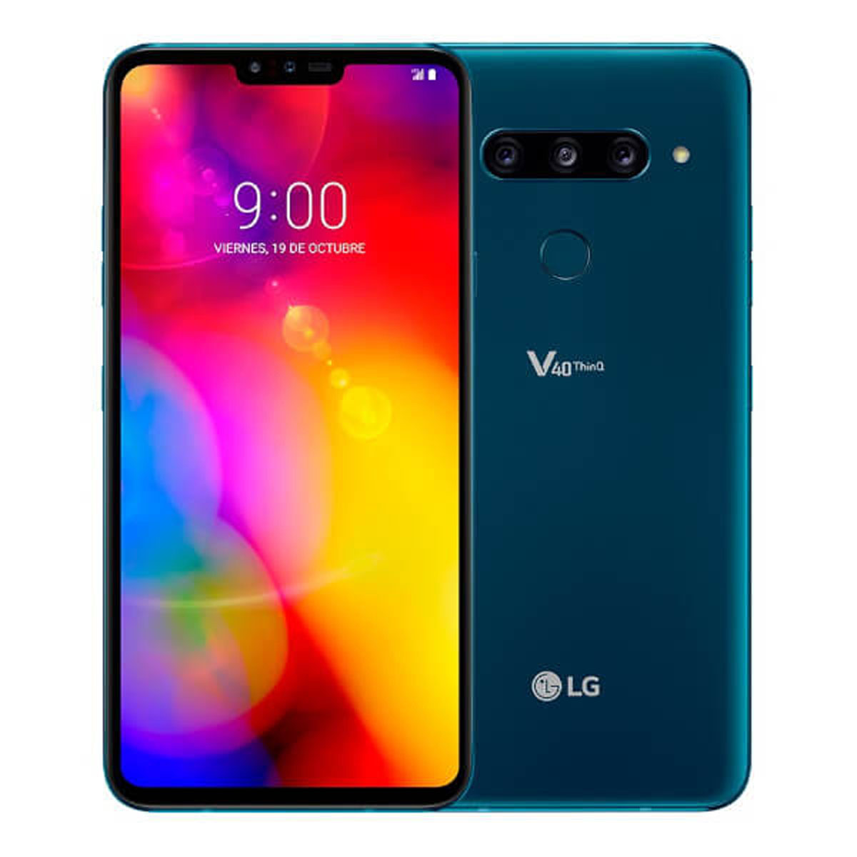 Niebieski smartfon LG V40 ThinQ, widok z przodu i z tyłu.