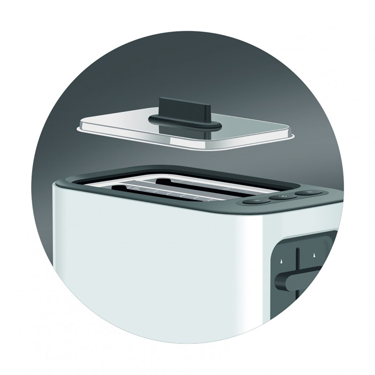 Biały toster z czarną pokrywą, ze zbliżeniem w okrągłej ramie.