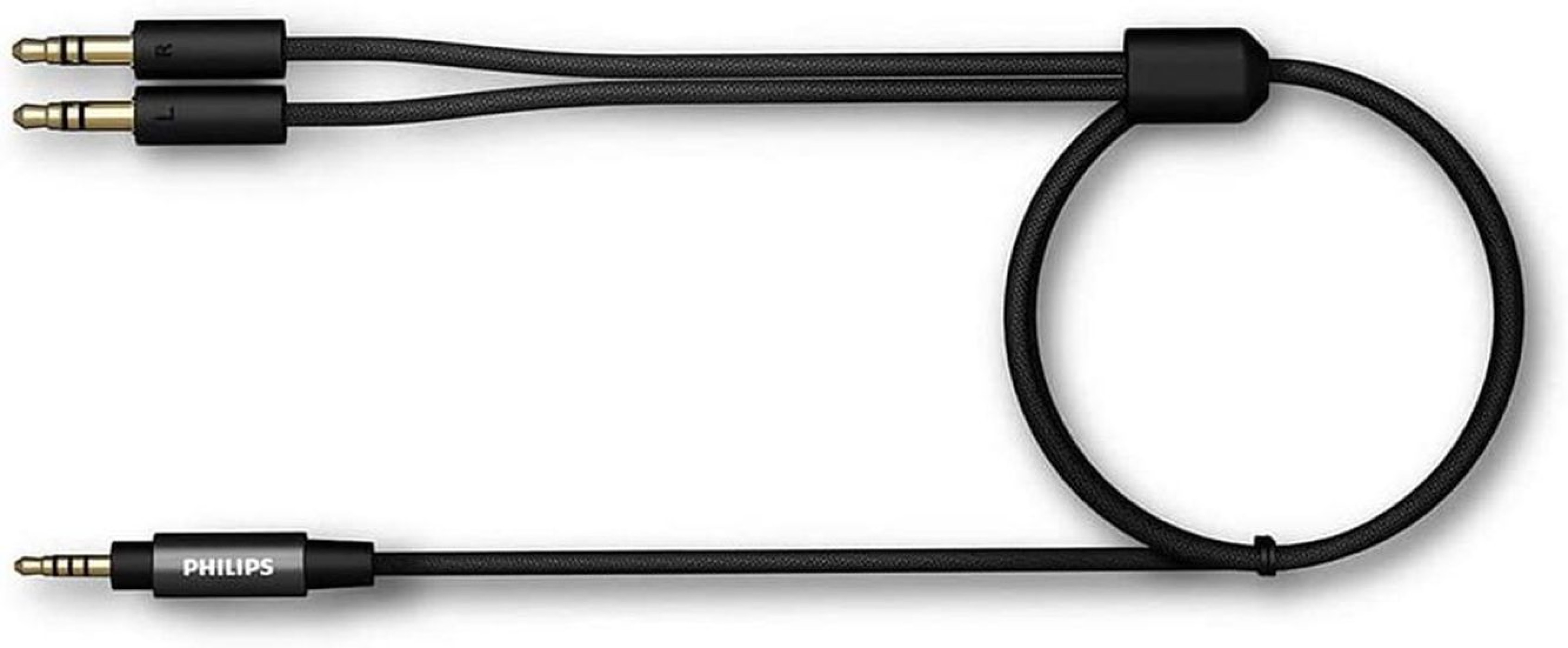 Schwarzes Audio-Splitterkabel mit zwei 3,5-mm-Klinken und einem 3,5-mm-Stecker.