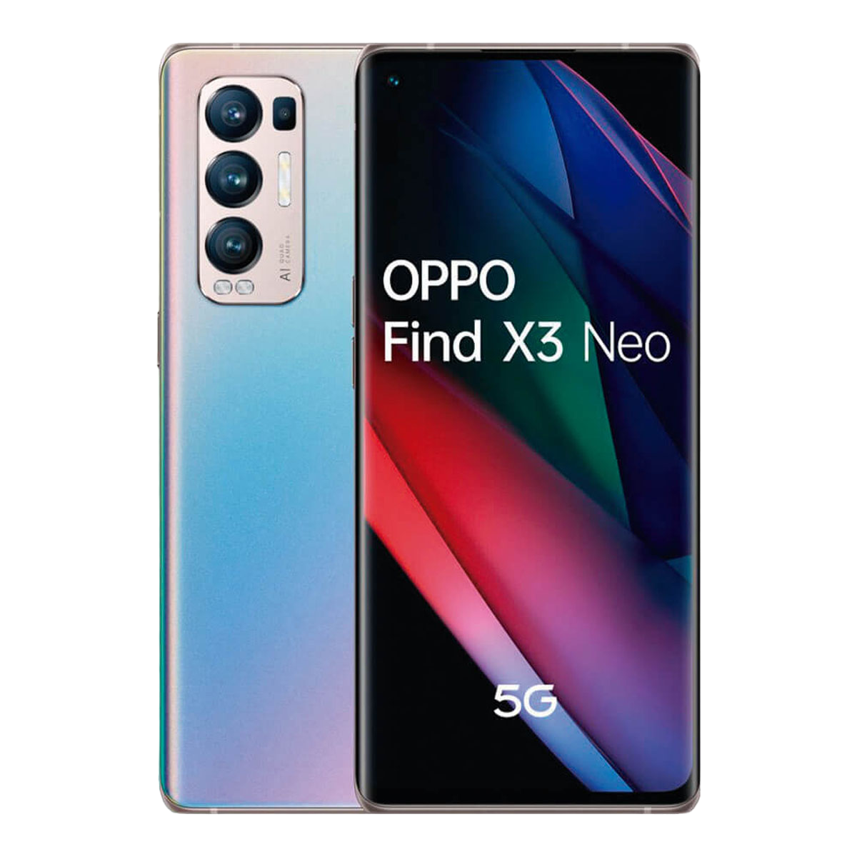 Dos smartphones: Oppo Find X3 Neo. Uno con parte trasera, tres cámaras. Uno con pantalla, texto.