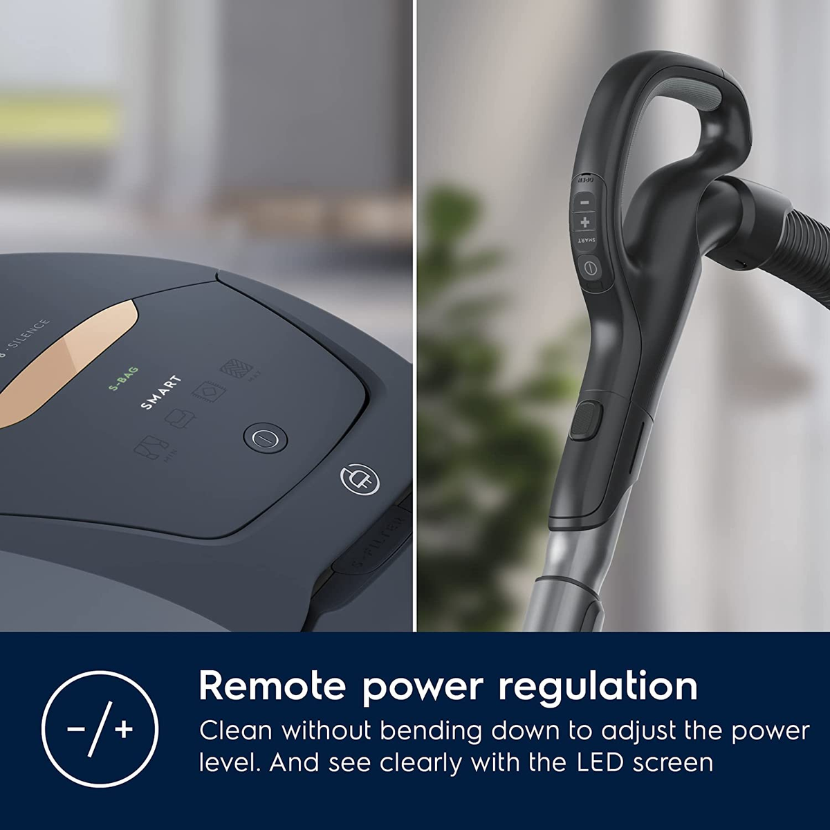 Zbliżenie odkurzacza. Pokazuje panel sterowania i uchwyt. Posiada regulację mocy.