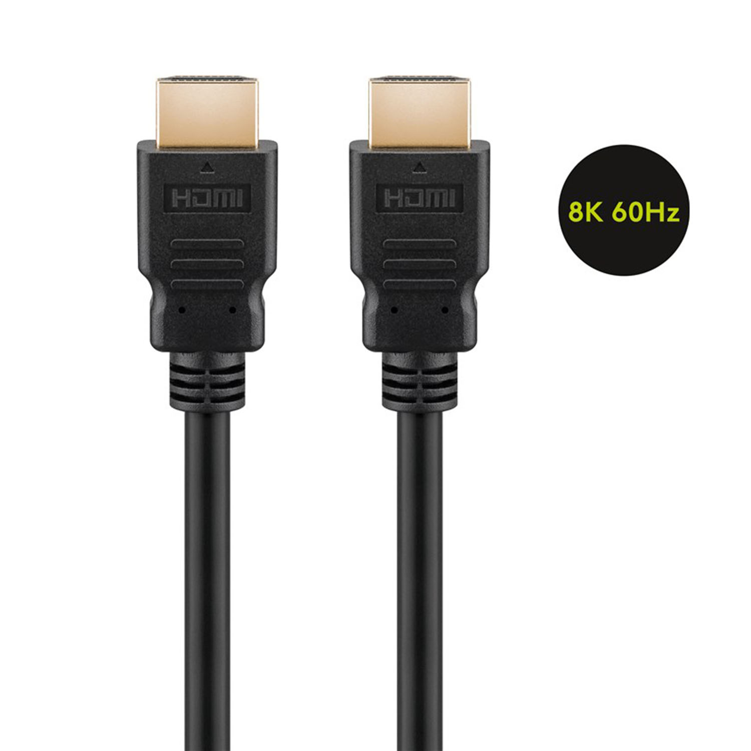 Zwei schwarze HDMI-Kabel mit vergoldeten Steckern. Eines hat das Etikett '8K 60Hz'.