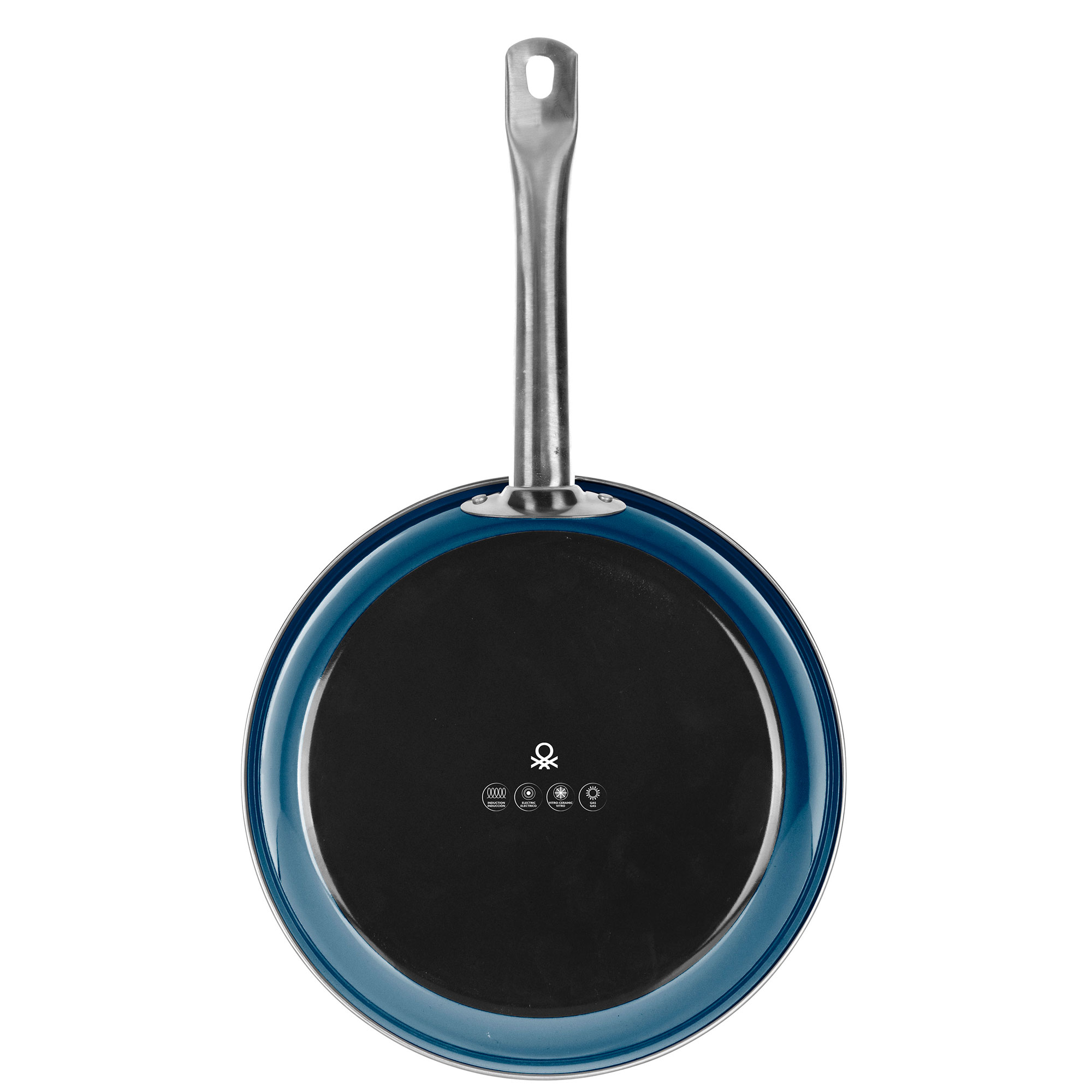 Parte inferior de una sartén azul con interior negro. Mango metálico e iconos visibles.