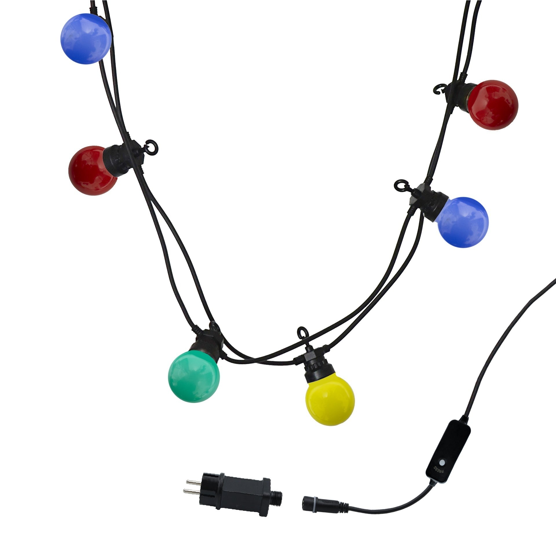 Lichterkette mit bunten Glühbirnen: blau, rot, grün, gelb. Schwarzer Draht und Stecker.