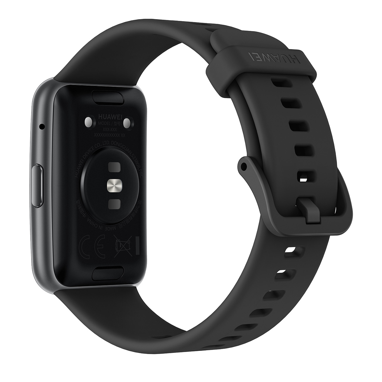 Eine schwarze Huawei Smartwatch, die die Rückseite zeigt.