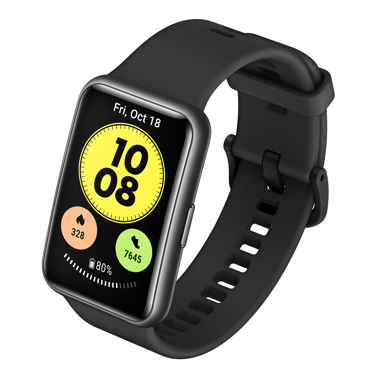 Schwarze Smartwatch mit schwarzem Armband, zeigt Datum und Uhrzeit. Akku und Schrittzahl werden angezeigt.