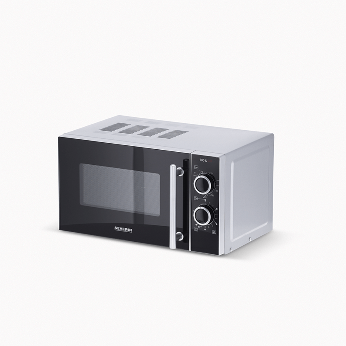 Un four à micro-ondes rectangulaire argenté et noir.