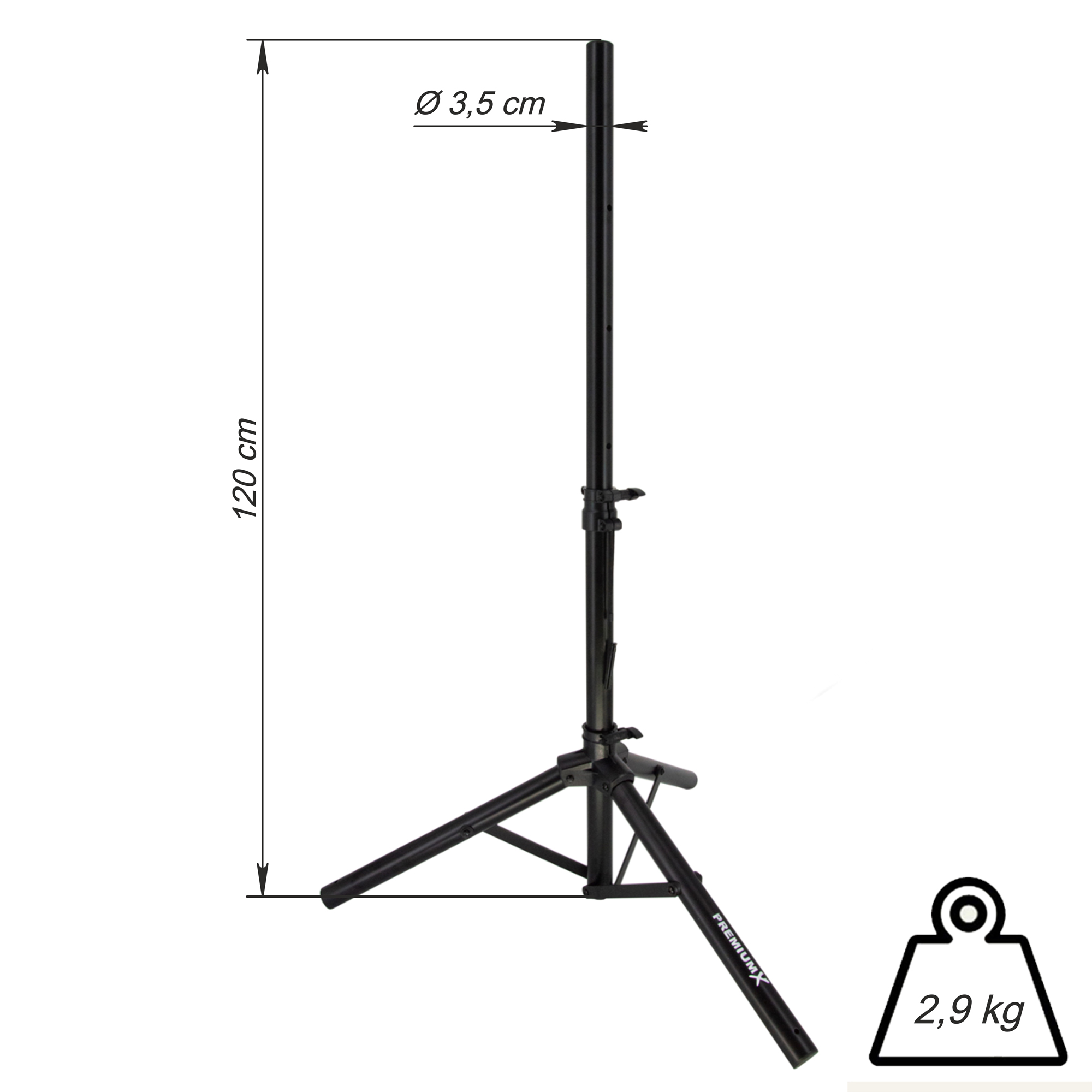 Schwarzes Stativ mit 120 cm Höhe, 3,5 cm Durchmesser und 2,9 kg Gewicht.