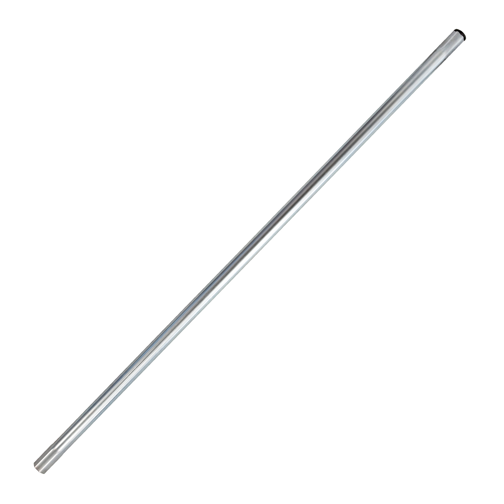 Eine lange, gerade, silberne Metallstange, von links oben nach rechts unten abgewinkelt, auf weißem Grund.