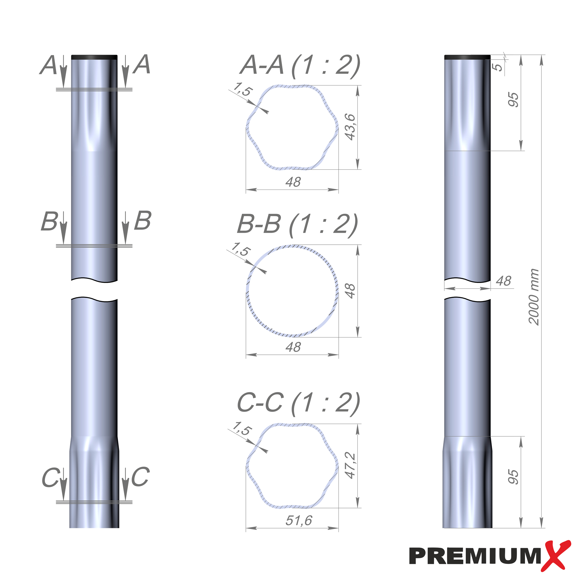 Technische Zeichnung von Metallrohren. Zeigt Querschnitte und Abmessungen. PremiumX-Logo sichtbar.