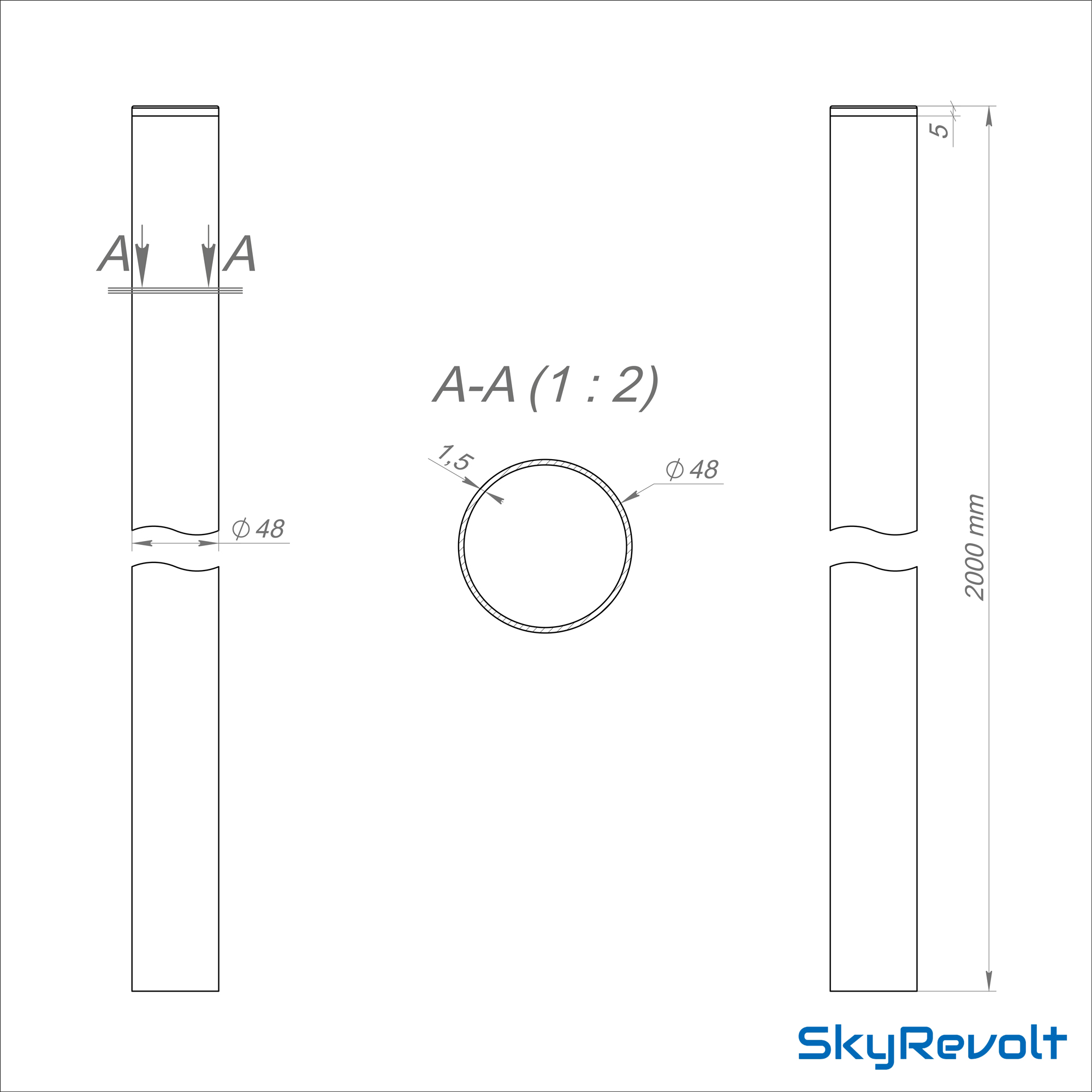 Technische Zeichnung eines zylindrischen Metallpfostens, beschriftet mit Abmessungen und Querschnitten.
