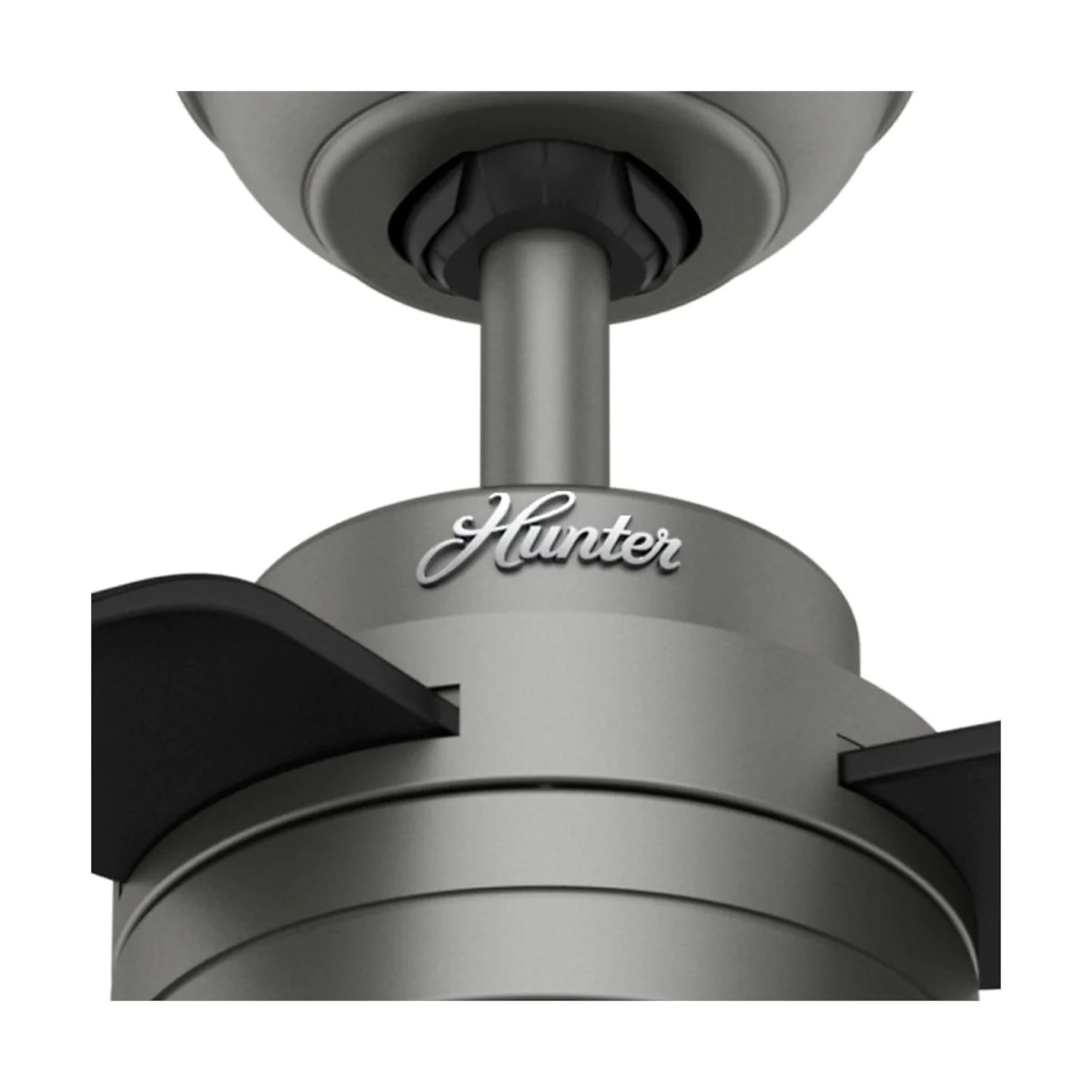 Nahaufnahme eines grauen Deckenventilators mit dem Hunter-Logo.