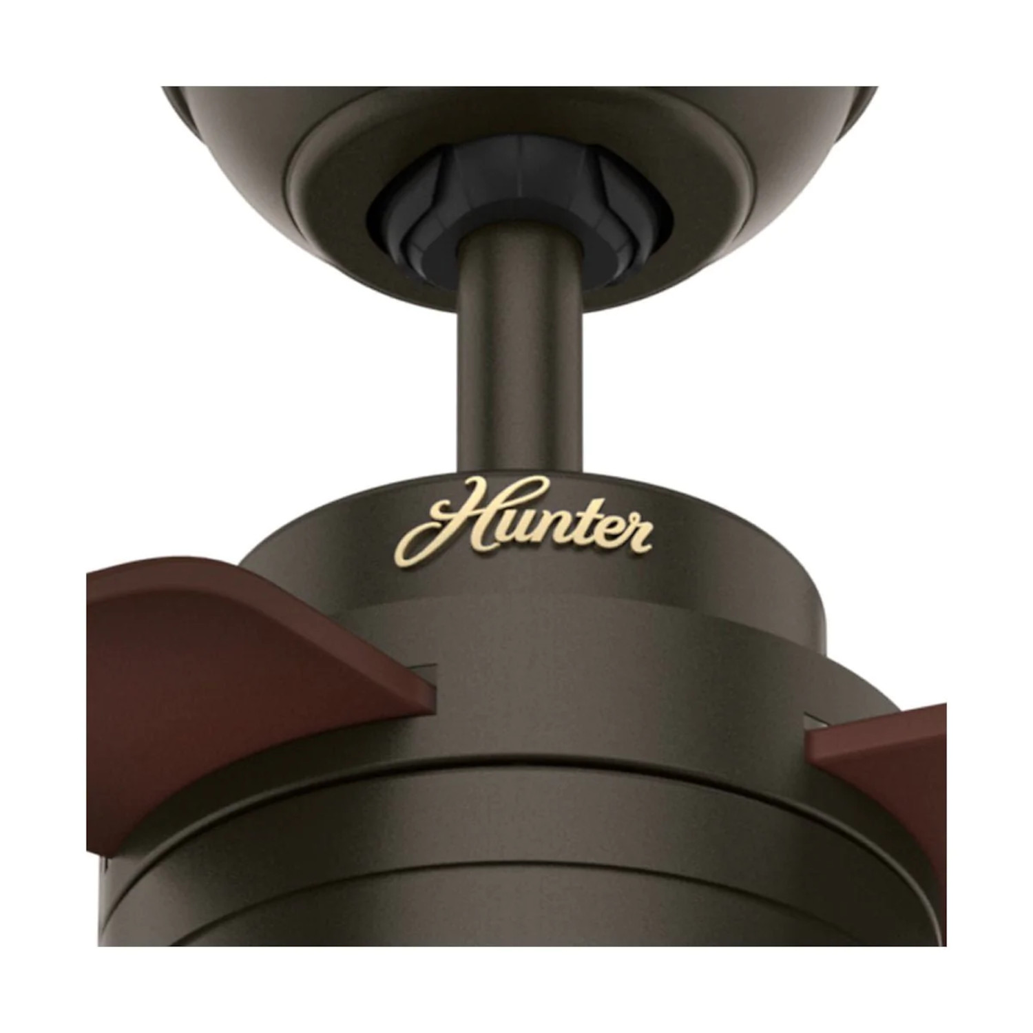 Deckenventilator Nahaufnahme, braune Flügel, Hunter Logo.