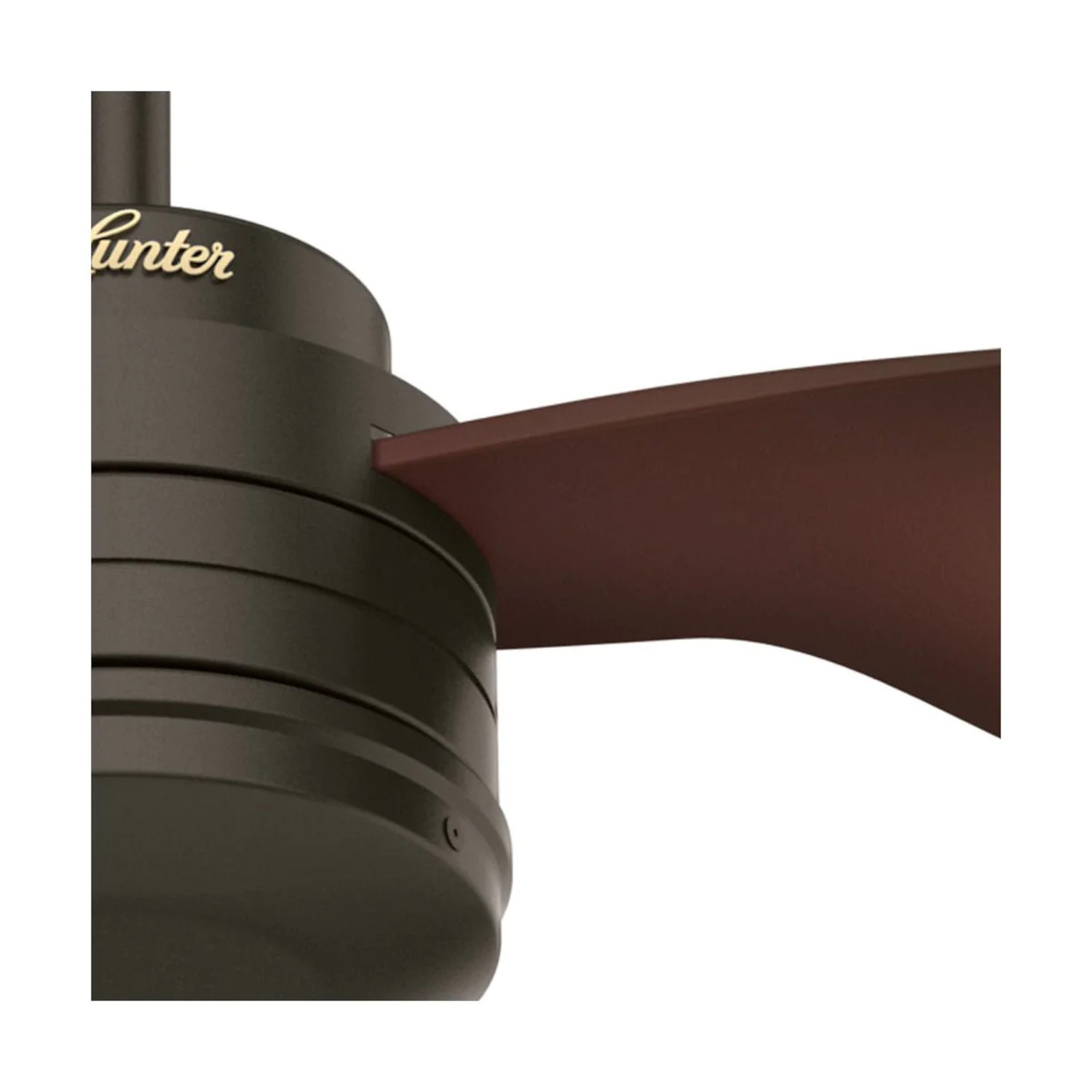 Nahaufnahme eines braunen Deckenventilators mit dunkelbraunen Flügeln, mit dem Logo 'Hunter' sichtbar.
