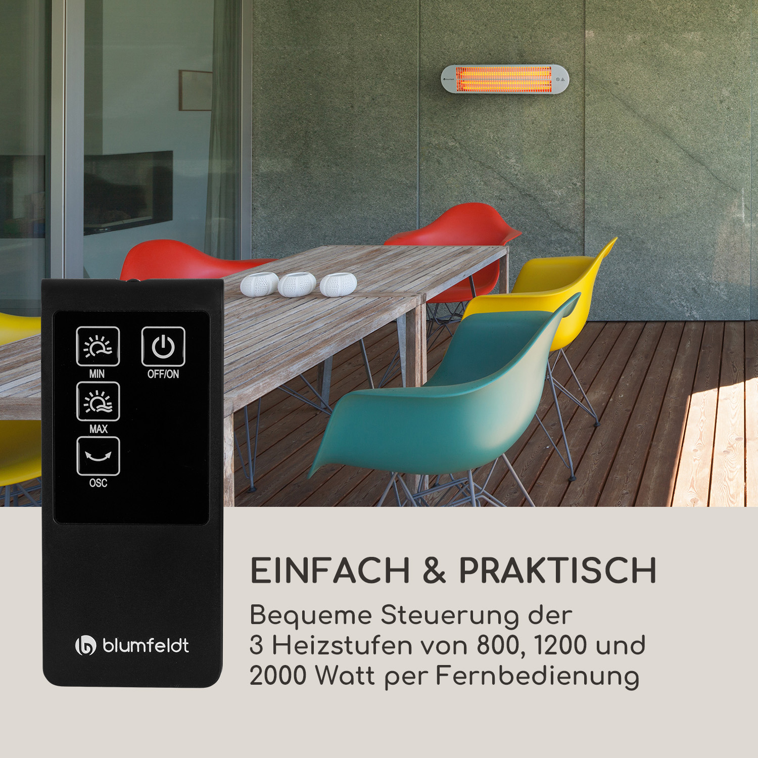 Szene im Freien mit Fernbedienung, Heizung an der Wand und bunten Stühlen.