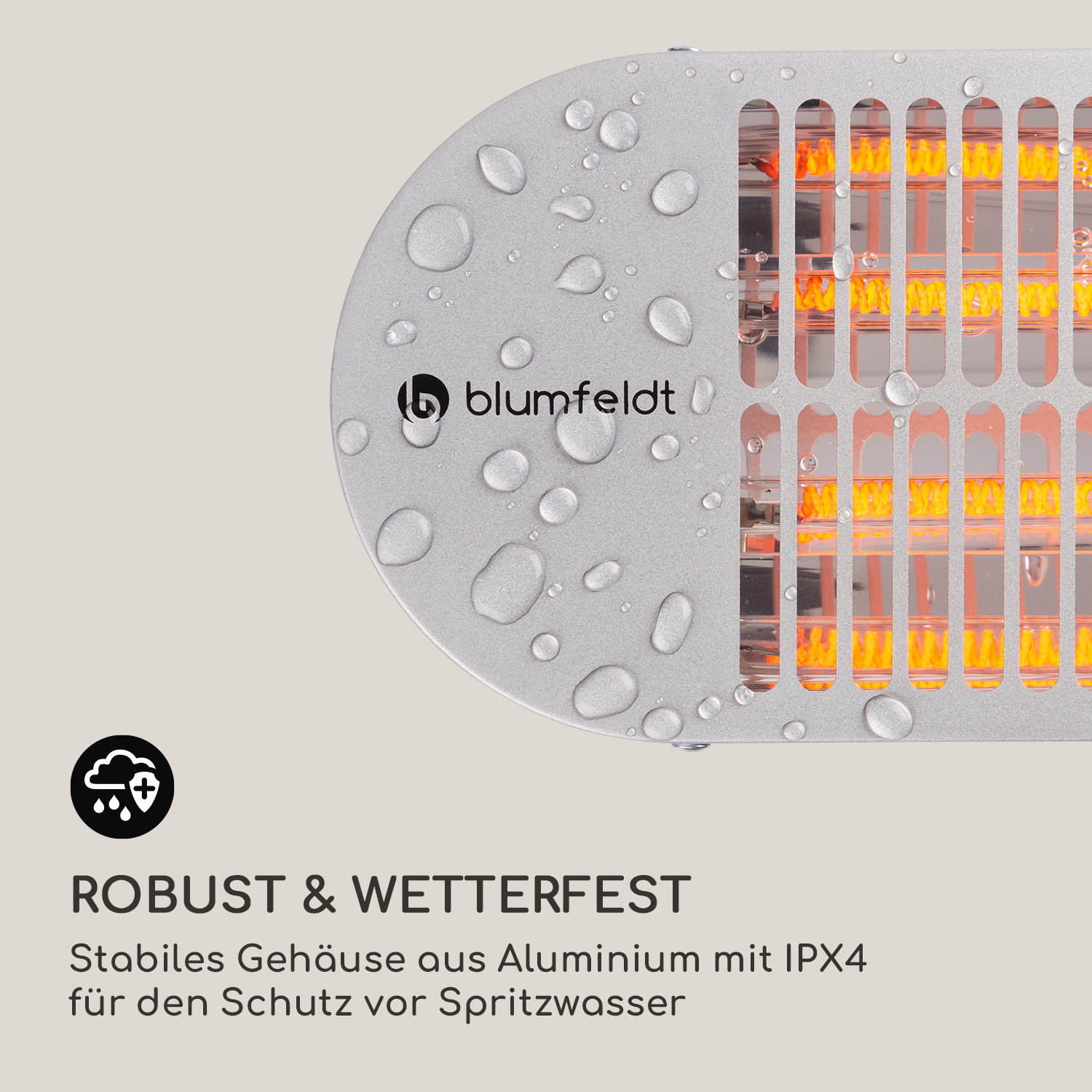 Nahaufnahme eines silbernen Außenheizers mit Wassertropfen und 'blumfeldt' Logo.