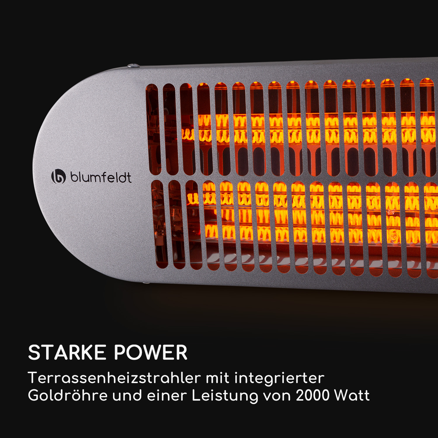 Silberner Außenheizer mit rot glühenden Heizelementen.