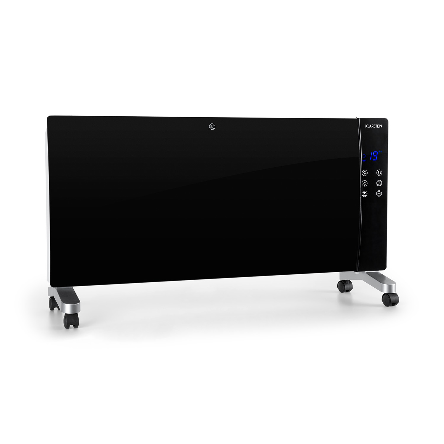 Termoventilatore a pannello in vetro nero su ruote, con display digitale e pulsanti di controllo.
