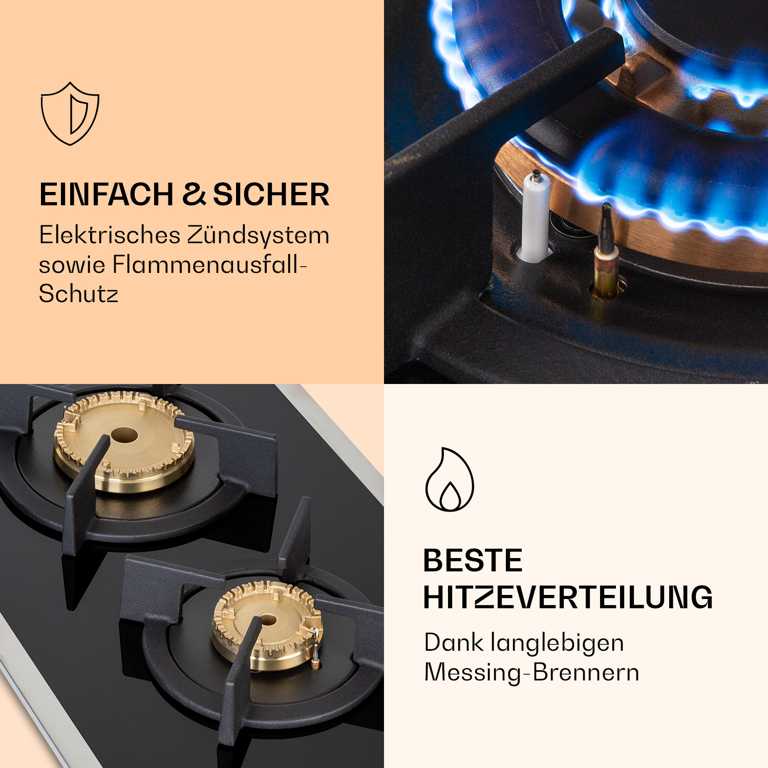 Primo piano di un fornello a gas con fiamme blu e testo sull'uso facile e sicuro e sulla migliore distribuzione del calore.
