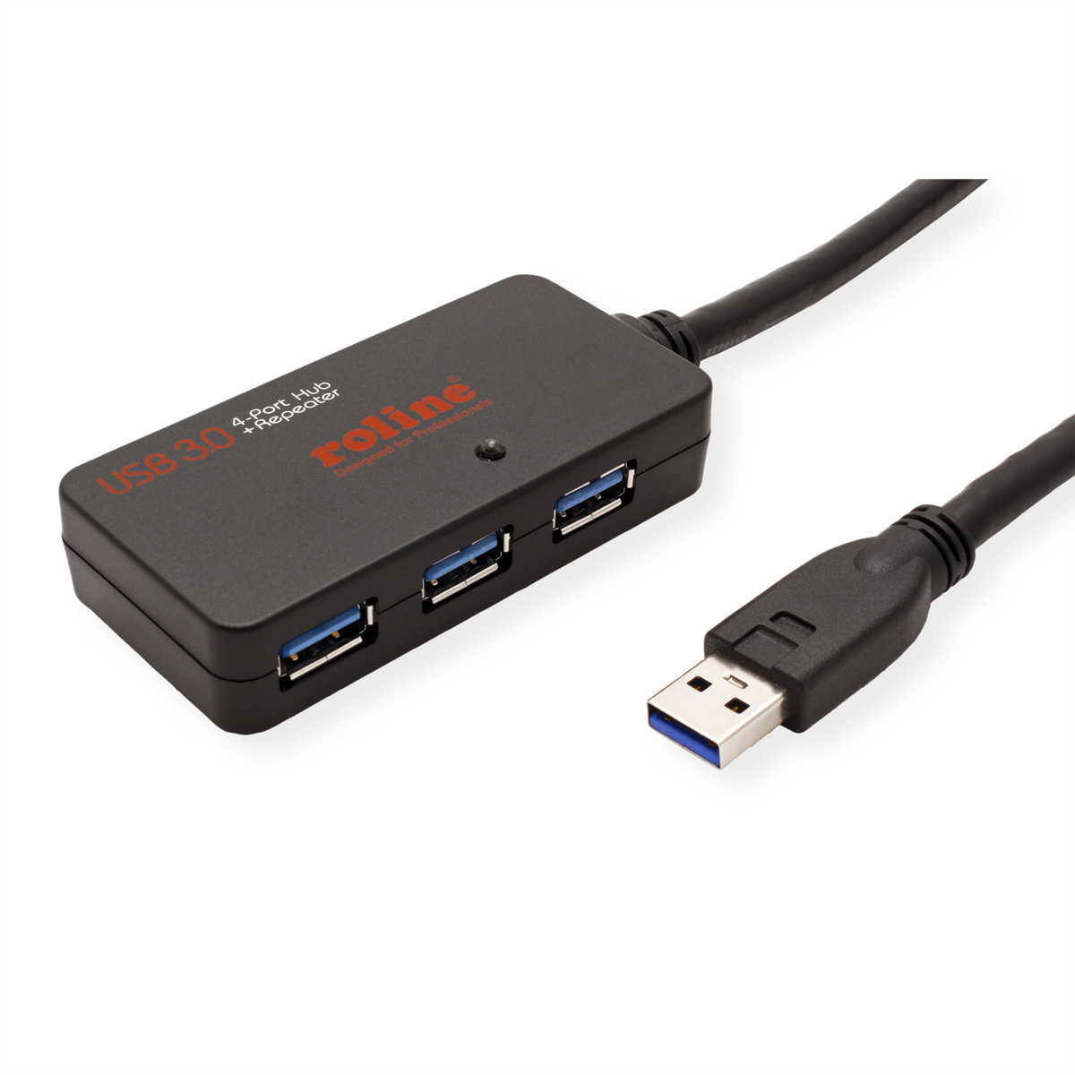 Schwarzer USB 3.0-Hub mit vier Anschlüssen und USB-Kabel. Mit Roline-Logo.