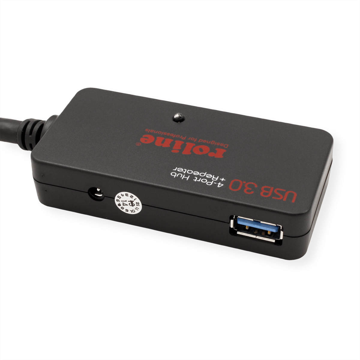 Ein schwarzer USB 3.0 Hub mit vier Anschlüssen auf weißem Hintergrund, für Profis.
