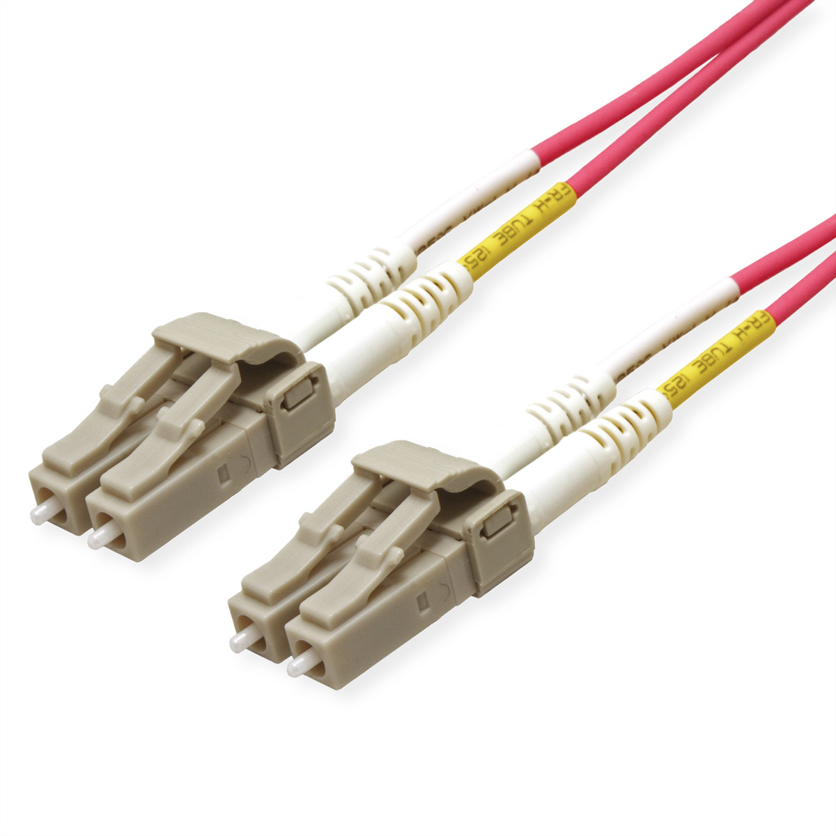 Zwei rote Glasfaserkabel mit beigefarbenen Steckern. Die Stecker sind mit den Kabeln verbunden.