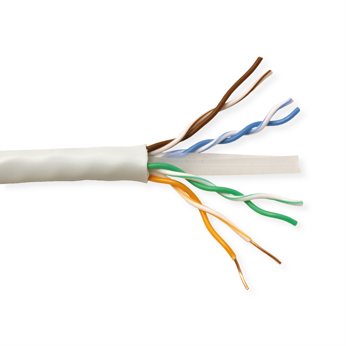 Mehrere Drähte sind aus einem weißen Kabel freigelegt. Die Drähte haben unterschiedliche Farben.