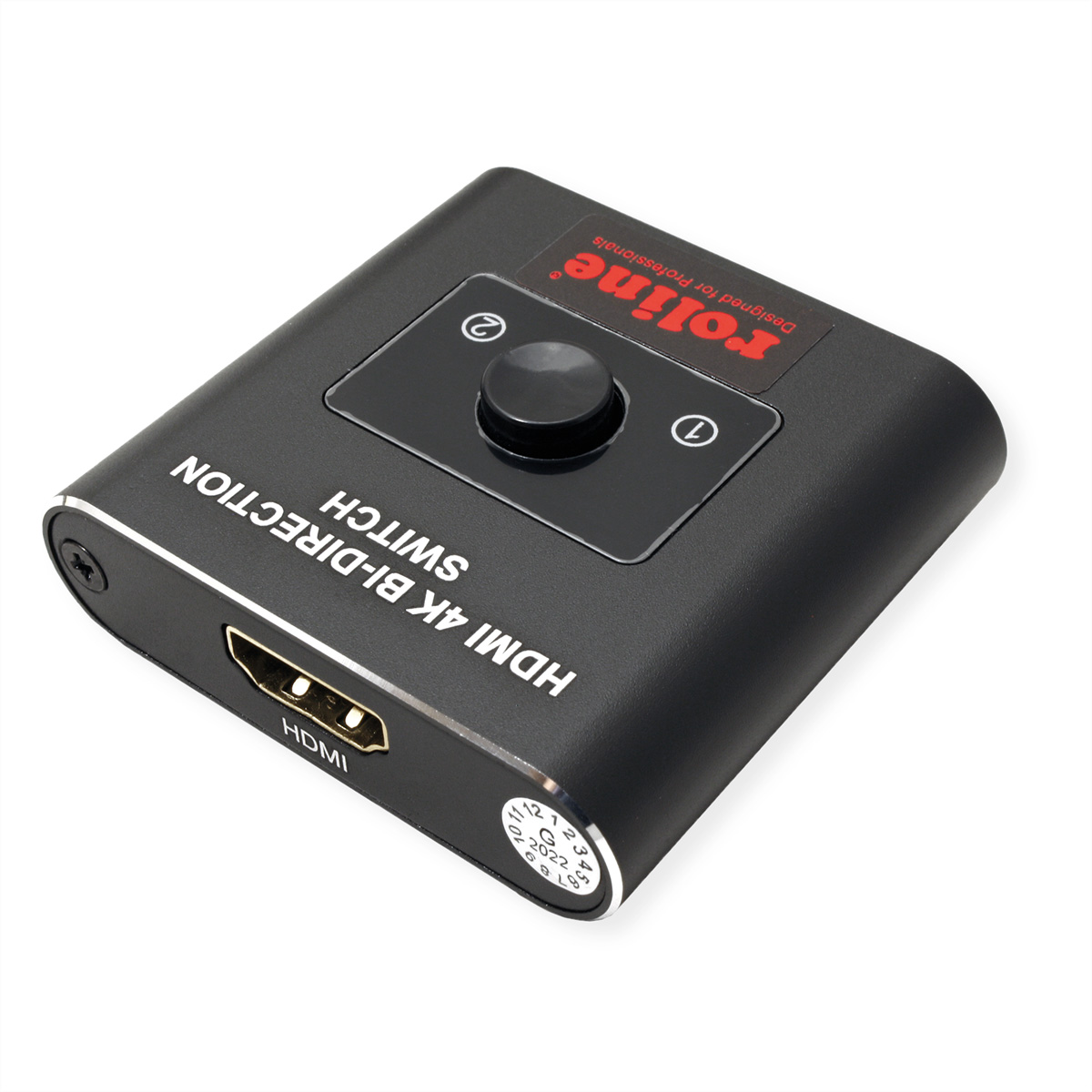 Commutateur HDMI noir avec un bouton, étiqueté HDMI 4K BI-DIRECTION SWITCH, fond blanc.