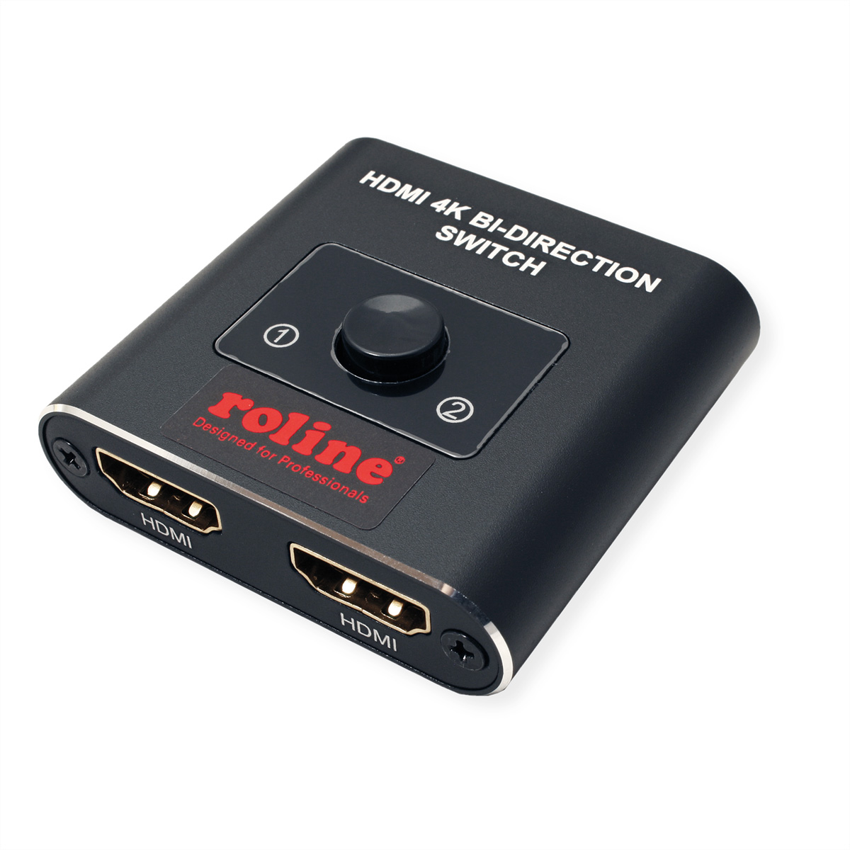 Un commutateur HDMI noir avec deux ports HDMI et un bouton. L'appareil est étiqueté 'rolin' et 'HDMI 4K'.