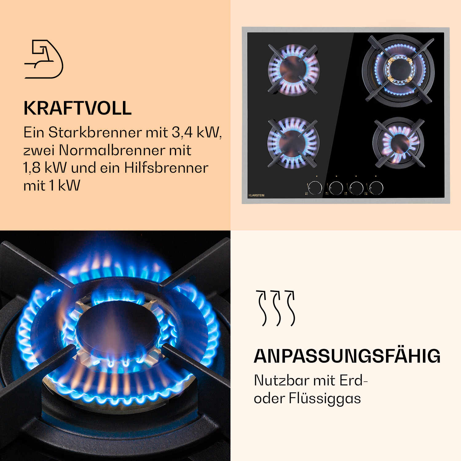 Primo piano di un fornello a gas con superficie nera e quattro bruciatori con fiamme blu.