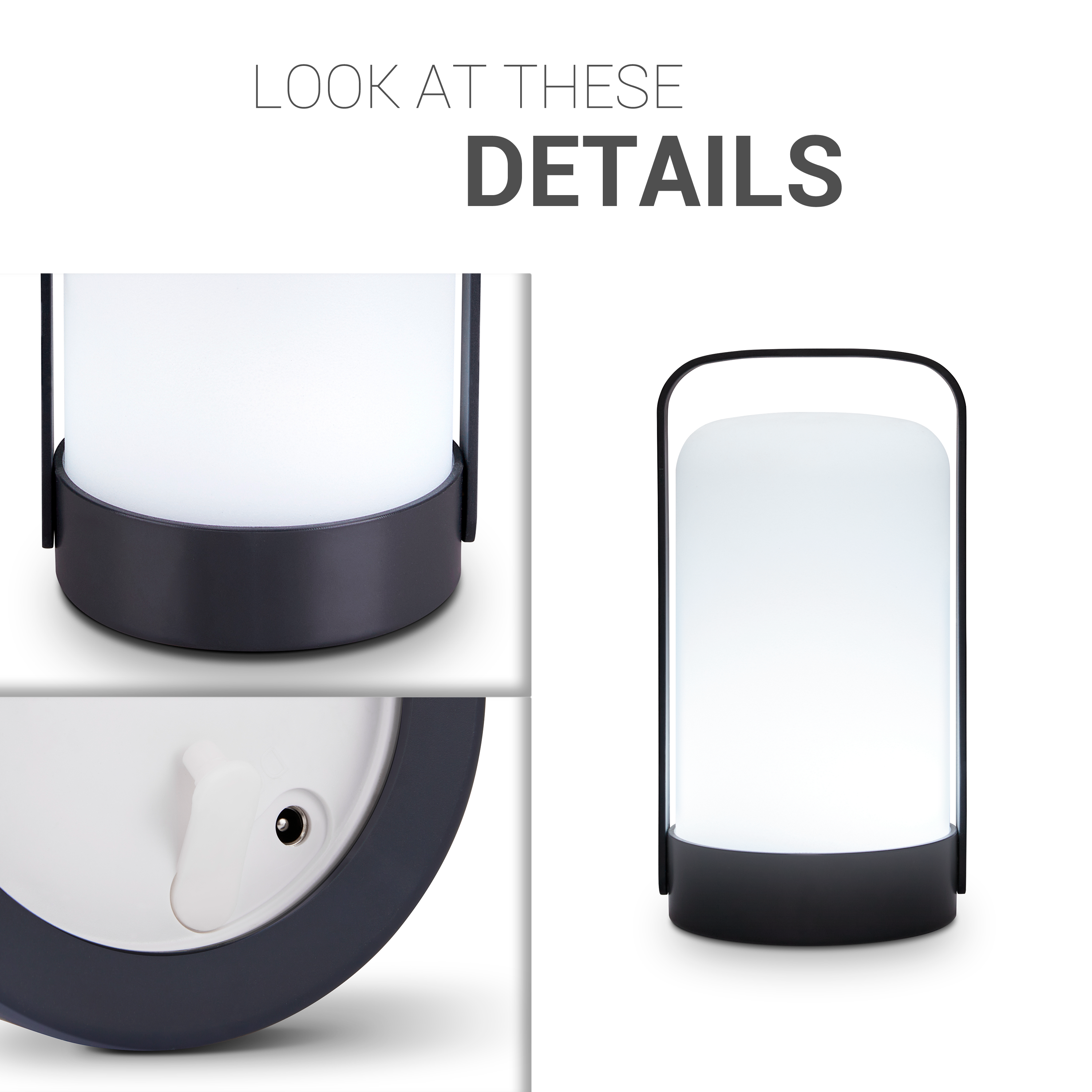 Detaillierte Ansichten einer weißen und dunkelgrauen Lampe mit Griff. Text sagt 'Details'.
