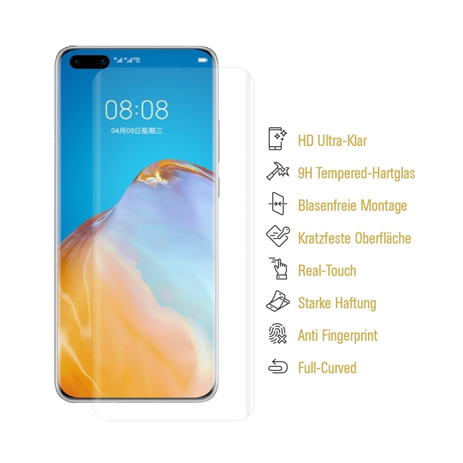 PROTECTORKING 1x 9H CURVED Hartglas P40 Pro) KLAR Displayschutzfolie(für Huawei HD FULL Schutzglas