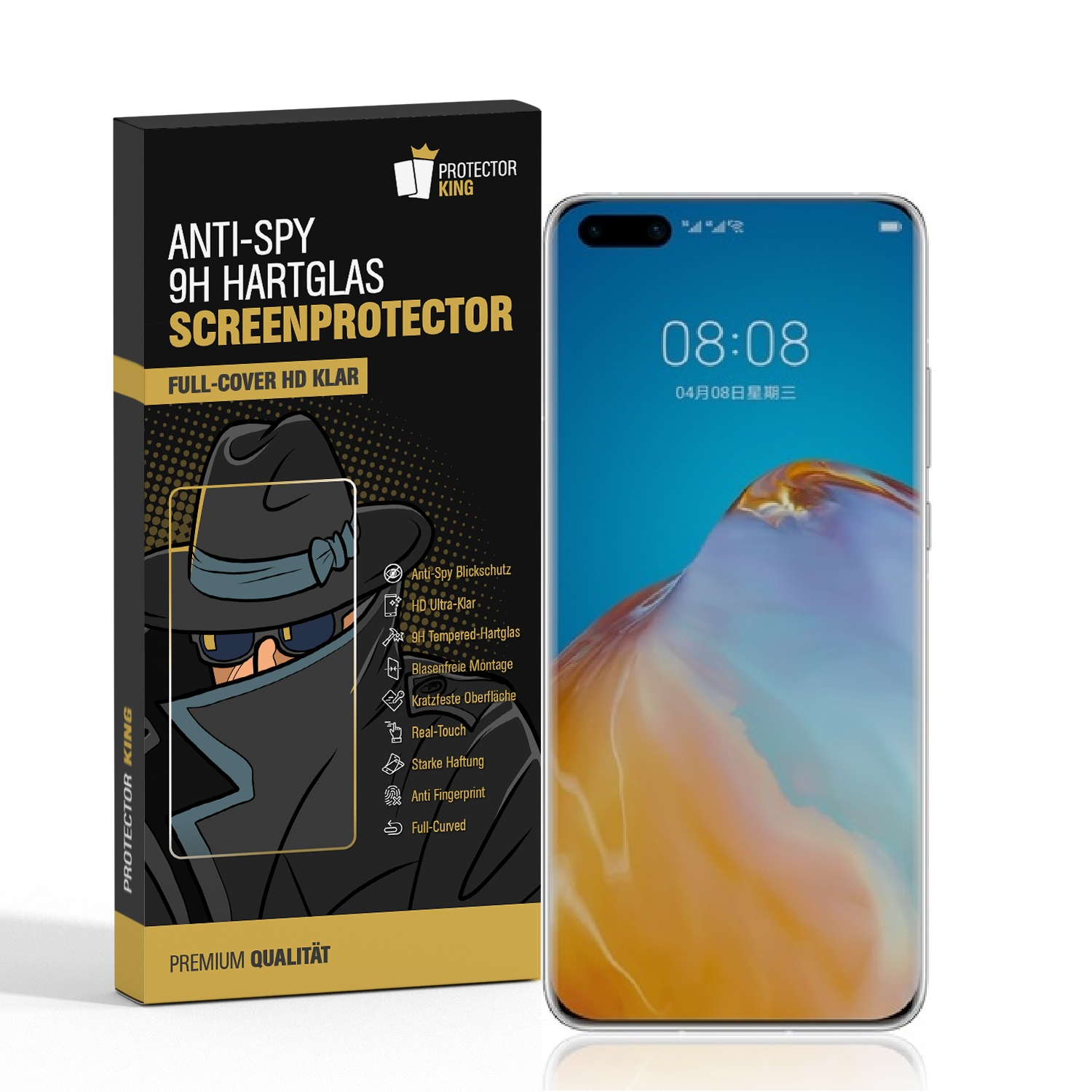 P40 9H Pro) Displayschutzfolie(für CURVED 1x FULL Schutzglas ANTI-SPY Huawei PROTECTORKING