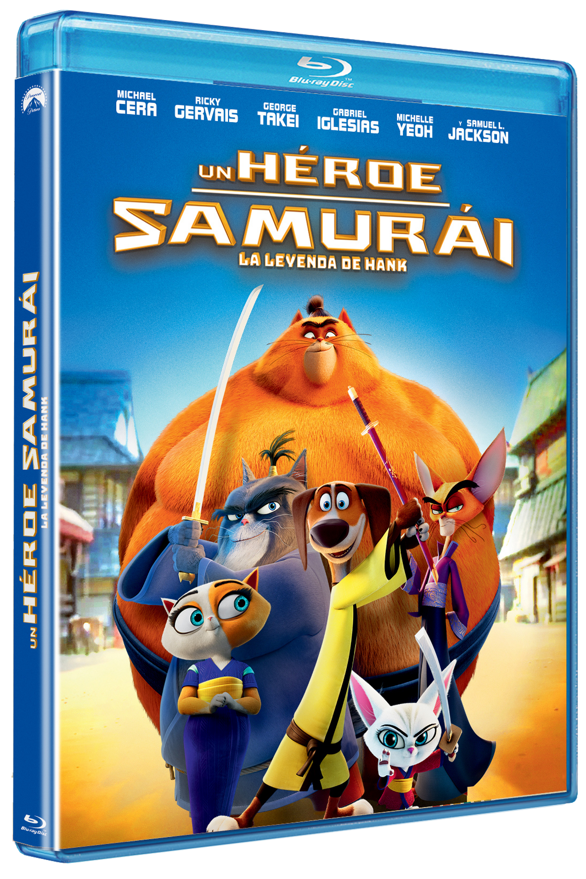 Una caja de Blu-ray con personajes de dibujos animados de la película 'Un Héroe Samurái'. Tiene cubierta azul.