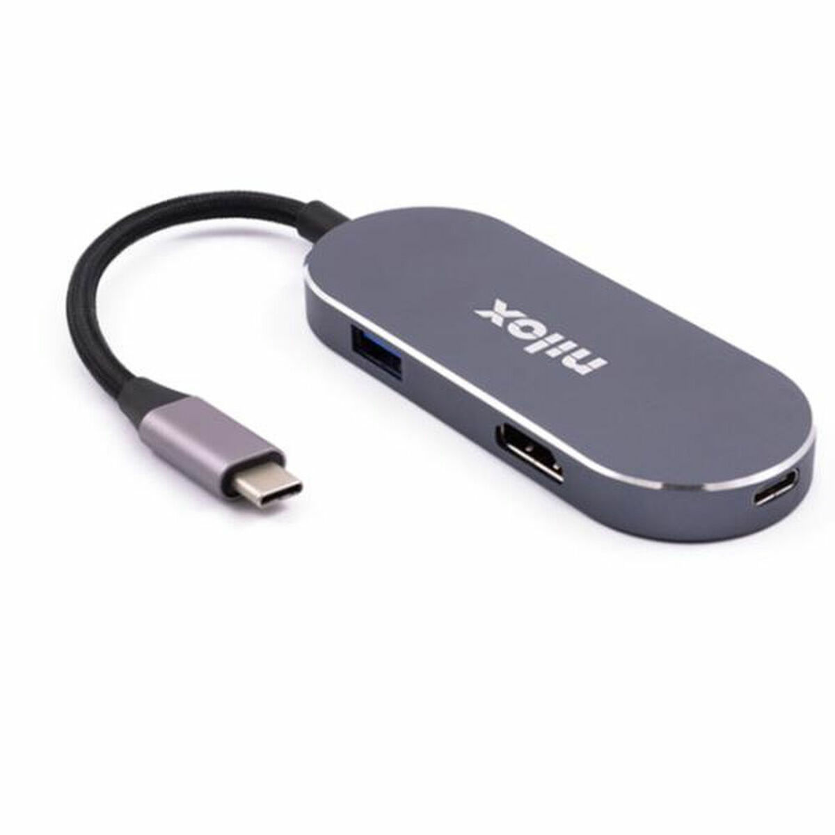 Un hub USB-C grigio con più porte. Ha un cavo USB-C collegato e un cavo nero.