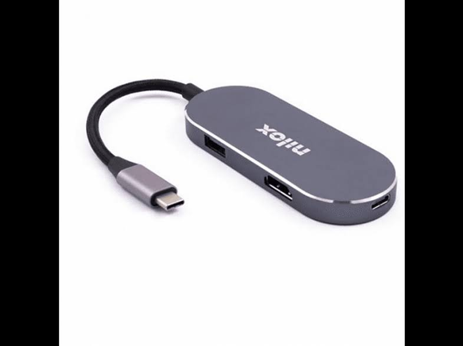 Un hub grigio con porte USB e cavo HDMI, collegato a un cavo USB-C.