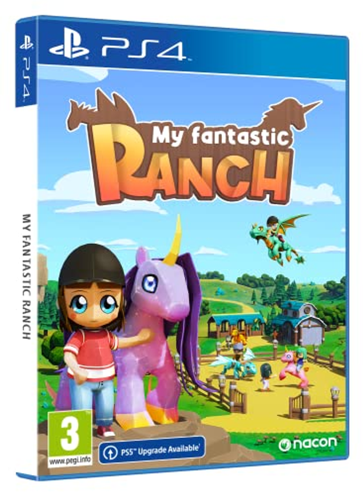 Portada del juego PS4: 'My Fantastic Ranch'. Niña con unicornio. Fondo es un rancho y árboles verdes.
