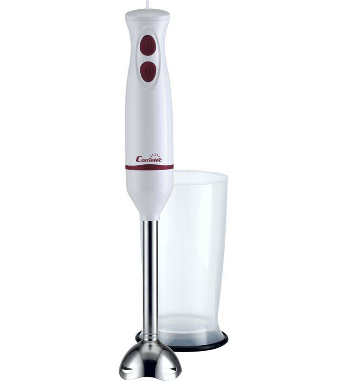 Batidora de mano blanca con botones rojos y vaso medidor transparente.