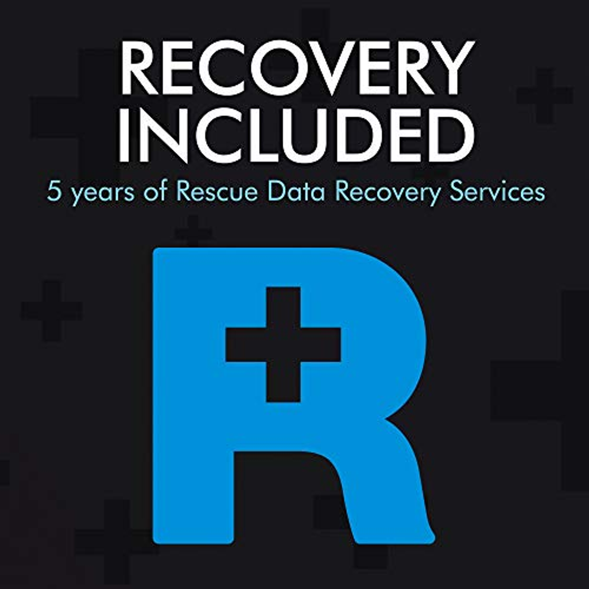 Sfondo nero con una 'R' blu e testo 'RECOVERY INCLUDED' e '5 anni di Rescue Data Recovery Services'.