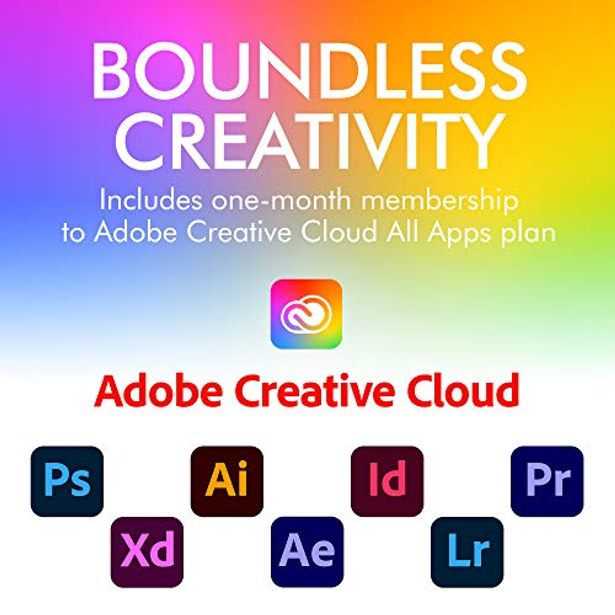 Testo Creatività illimitata, logo Adobe Creative Cloud e icone app su sfondo colorato.