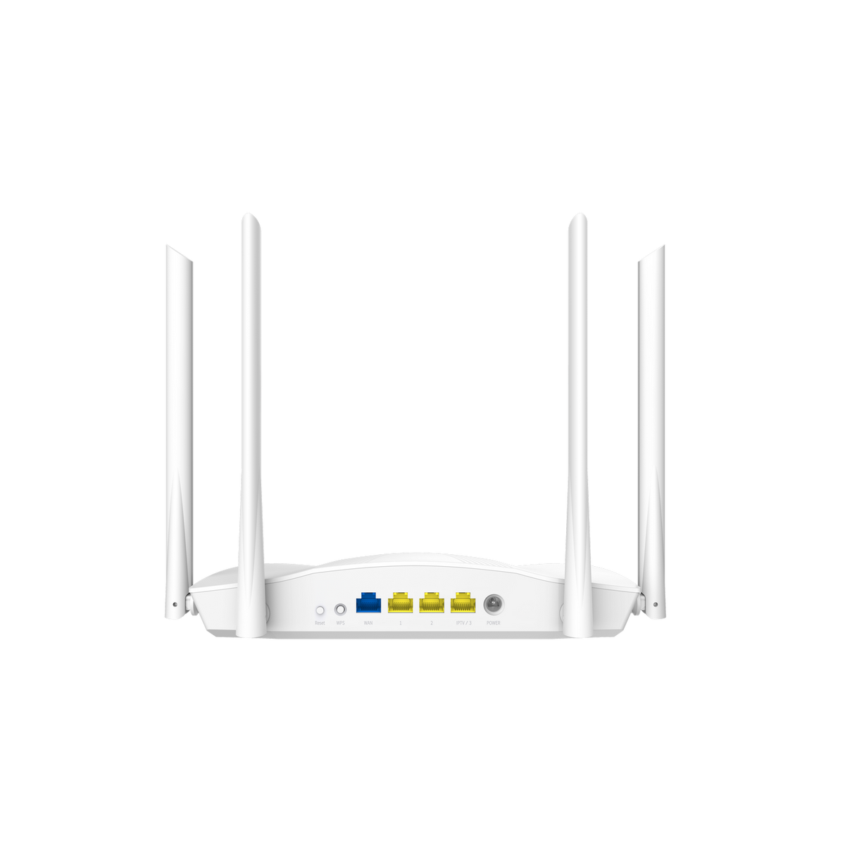 Biały router z 4 antenami, portami z tyłu. Ma porty zasilania, internetu i LAN. Router jest na białej powierzchni.