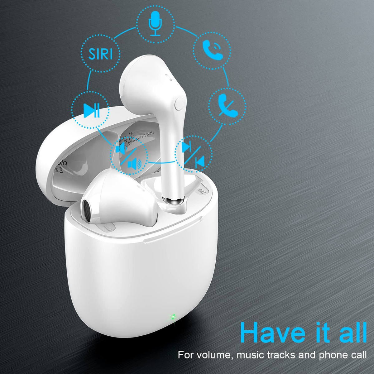 Auricolari wireless bianchi in custodia di ricarica, con icone e testo.