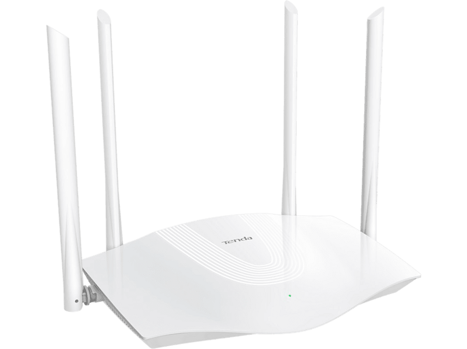 Biały router Tenda z czterema antenami. Jest na przezroczystym tle.
