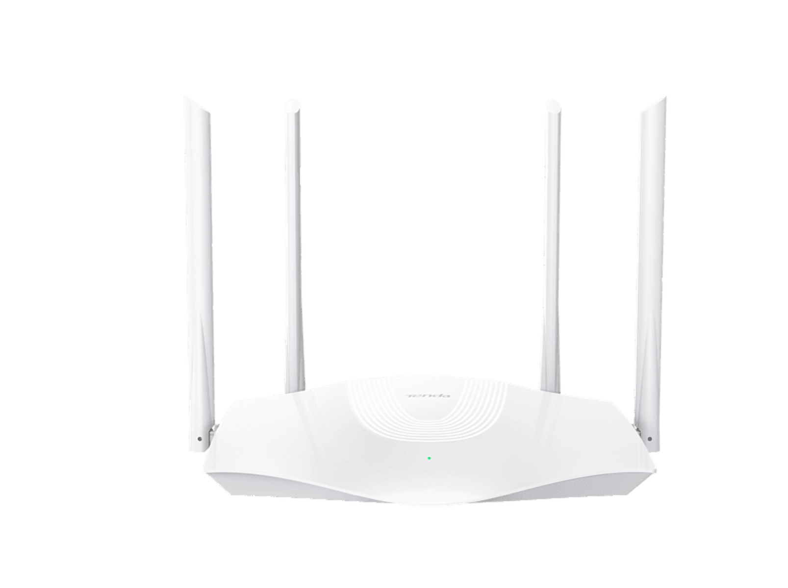 Biały router z czterema antenami. Router znajduje się na czarnym tle.
