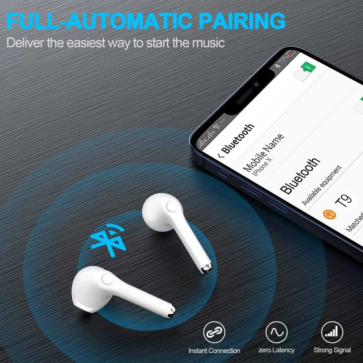 Due auricolari wireless bianchi e uno smartphone nero che mostra le impostazioni Bluetooth su una superficie scura.