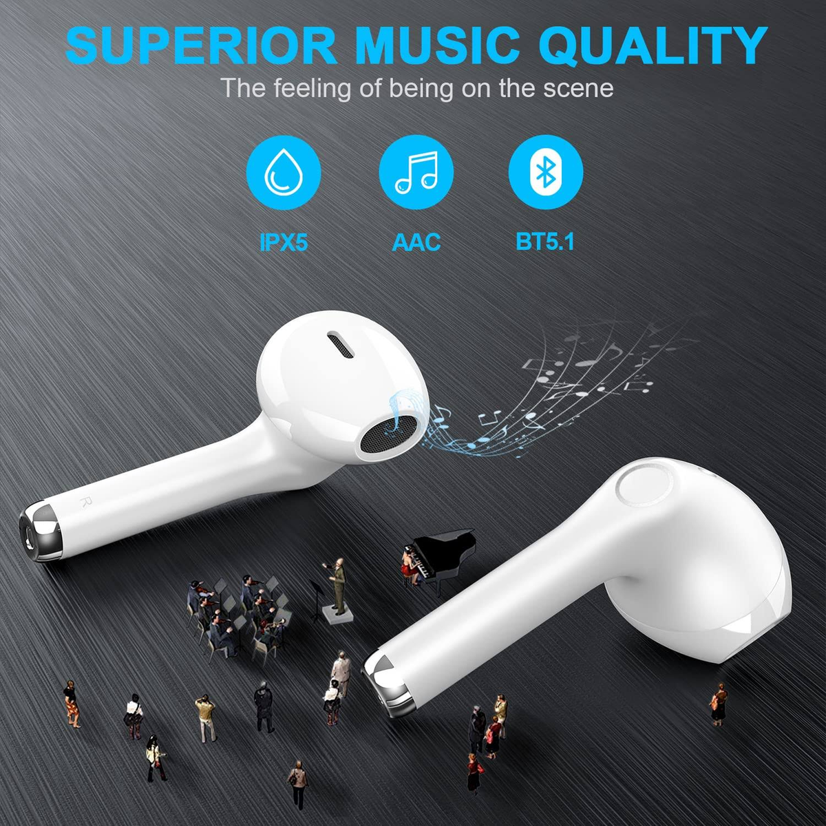 Due auricolari wireless bianchi con una folla di piccole figure e note musicali.